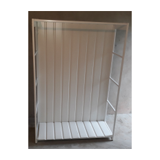 Large white wood rack with sheet metal at the bottom and at the back