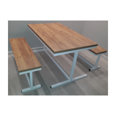 Metal table with benches, wooden tops